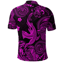 Polynesian polo shirt back with pink-purple tribal shark and spiral patterns
