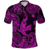 Polynesian polo shirt with pink-purple shark graphic and floral accents