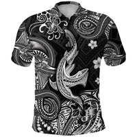 Black polo shirt with white Polynesian shark and tribal tattoo-style patterns, short sleeves
