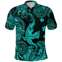 Turquoise polo shirt with dark base, angry shark and Polynesian floral tribal print, short sleeves