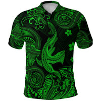 Green Hawaiian polynesian polo shirt with bold shark artwork and button-front collar