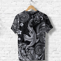 Black crewneck T-shirt, side view with large white shark print and Polynesian motifs