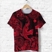 Red and black Hawaiian shark graphic T-shirt with Polynesian-style tribal pattern
