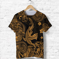 Dark T-shirt with gold Polynesian shark graphic, short sleeves