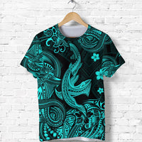 Turquoise and black Polynesian-style shark graphic T-shirt, floral accents
