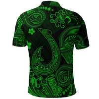 Dark polo shirt with neon-green Polynesian tribal pattern, short sleeves