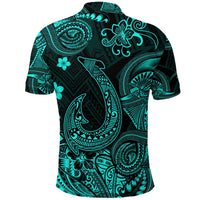 Turquoise Polynesian patterns on dark polo, short sleeves, open collar, back
