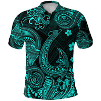 Turquoise and dark polo with Polynesian fish-hook graphic, short sleeves, collar