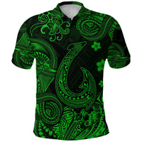 Green Polynesian polo shirt with fish hook and floral tribal print, button placket