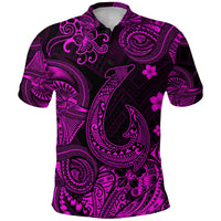 Pink/Black Polynesian fish-hook polo, short sleeves, button-front, hibiscus pattern
