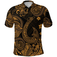 Black polo shirt with gold polynesian fish hook graphic and floral scroll patterns