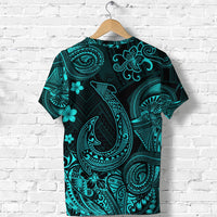 Turquoise fish hook Polynesian T-shirt with large spiral hook graphic and hibiscus flowers