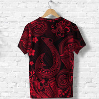 Red and black Polynesian T-shirt with fish hook paisley motifs and hibiscus flowers, crew neck