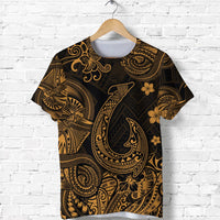Polynesian fish hook T-shirt, dark with gold floral and tribal swirl print