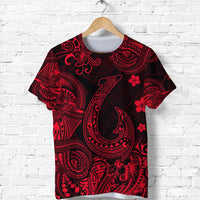 Red and black Polynesian fish hook T-shirt with floral and paisley pattern, crew neck