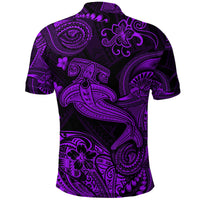 Back view purple polo shirt with polynesian shark, hibiscus, and swirl pattern