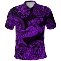 Purple polo shirt with polynesian shark print and floral geometric accents