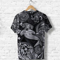 Back view of black crew-neck T-shirt with large white Polynesian tribal shark graphic