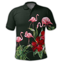 Dark polo with tropical flamingo and hibiscus graphic, short sleeves, button collar