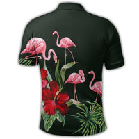 Dark polo back with pink flamingos, red hibiscus, and palm leaves tropical print