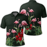 Dark polo shirt with pink flamingos and red hibiscus, front and back print view