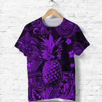 Purple pineapple Polynesian T-shirt with ornate tribal patterns, front view