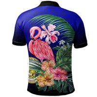 Back view blue polo with black collar, large pink flamingo and hibiscus flower print