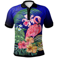 Blue polo shirt with black collar, pink flamingo and tropical hibiscus floral print