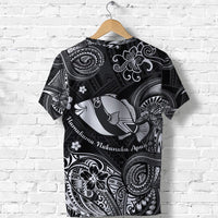 Black crewneck T-shirt with large fish illustration, floral and swirl tribal print