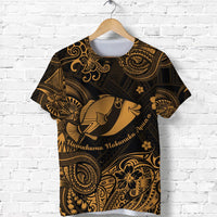 Black and gold Polynesian humuhumu fish T-shirt with ornate swirl print