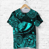 Turquoise graphic T-shirt with humuhumu fish and Polynesian tribal patterns, front view