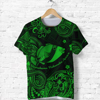 Green Polynesian T-shirt with humuhumu fish, tribal patterns, and cursive text