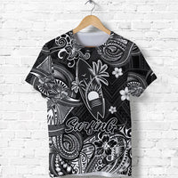 Black T-shirt with Polynesian surf graphic, palm trees and white “Surfing” text