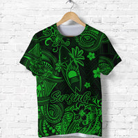 Green Polynesian surf T-shirt with neon graphic and 'Surfinia' text