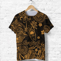 Black & gold Polynesian surf t-shirt, palm and surfboard with 'Surfinda' print