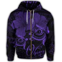 Zip hoodie with purple hibiscus and turtle graphic, front gold zipper and drawstrings