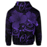 Hibiscus and sea turtle zip hoodie with purple 'Ohana' text, full-coverage hood