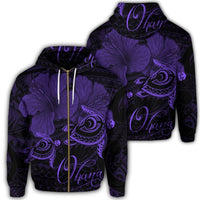 Purple and black zip hoodie with hood, hibiscus flowers, and turtle print