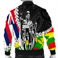 Black bomber jacket back view with red, white, blue, and green flag panels and warrior print