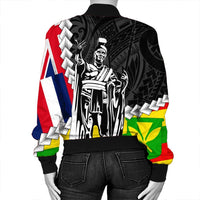 Black bomber jacket back view with tribal patterns and Hawaiian flag colors on chest and sleeves