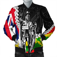 Black bomber jacket with Hawaiian flag-inspired panels and Polynesian warrior graphic, zip front