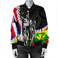 Black unisex bomber jacket front shows Polynesian warrior illustration over multicolor flag sleeves