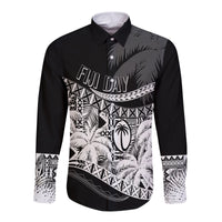 Personalised Fiji Day Long Sleeves Button Shirt Flying Fijians Masi Kesa Style - Black - Wonder Print Shop