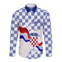Croatia Long Sleeves Button Shirt Checkerboard Grunge Style - Blue Color - Wonder Print Shop
