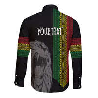 Back view black long-sleeve button shirt with “YOUR TEXT” text, lion graphic, and Ethiopian stripes