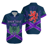 Unisex hawaiian shirt in dark blue with purple thistle, lion crest and custom text