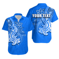 Blue Hawaiian shirt set, button-front with hammerhead print and “YOUR TEXT” on back