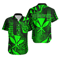Green and black Hawaiian shirts set: front button-up and back with “YOUR TEXT”