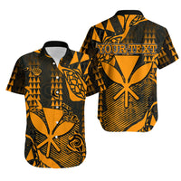Hawaiian button-up shirts set, black and amber print; “YOUR TEXT” on one