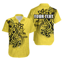 Yellow Hawaiian shirt front/back with black hammerhead print and 'YOUR TEXT'
